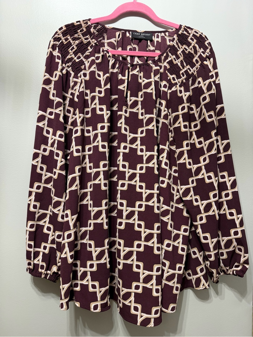 Lane Bryant Burgundy Geometric Smocked Yoke Blouse - plus size 26/28